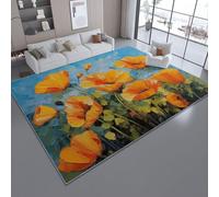 Area Rugs 140 x 200 cm Washable, Oil Painting Poppies Print Entry Rug Indoor, Non-Slip Living Room Throw Carpet, Non-Shedding Low Pile Blue Yellow Floor Rug for Bedroom Kitchen