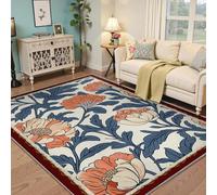 Area Rugs 140x200 Living Room William Morris Washable Rug Modern Cream Navy Blue Leaves Coral Flowers Soft Non Slip Carpet Indoor Floor Stain Resistant Thin Area Rug for Bedroom Dining Room Farmhouse