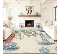 Area Rugs 60 x 90 cm, Beige Vintage Nautical Lighthouse Ship'S Wheel Anchor Soft Carpet for Bedroom & Reading Nook, Non-Shedding Short Pile Rugs for Girls Room, Dressing Table & Study