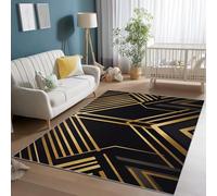 Area Rugs for Bedroom 120 x 170 cm, Short Pile Soft Flannel Living Room Black Gold Rugs, Washable Indoor Non Slip Minimalism Geometry Straight Lines Print Carpet for Living Room Dining Room