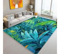 Area Rugs for Bedroom 140 x 200 cm, Soft Flannel Low Pile Washable Indoor Non Slip Tropical Plants Leaves Print Area Rugs - Green Blue Carpet for Living Room Dining Room