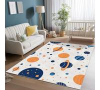 Area Rugs for Bedroom 80 x 150 cm, Short Pile Soft Flannel Living Room Orange Navy Blue Rugs, Washable Indoor Non Slip Cartoon Space Planet Print Carpet for Living Room Dining Room