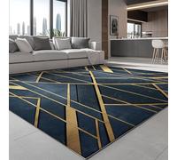 Area Rugs For Living Room 120 x 160 cm, Art Deco Style Geometric Shapes Gold Lines Carpet Non Shedding Anti Slip Super Soft - Dark Blue Rug Lightweight Low Pile Easy-Washing for Bedroom