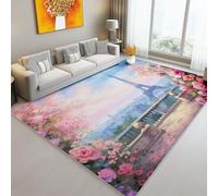 Area Rugs For Living Room 120 x 160 cm, Dreamy Love Flowers Eiffel TowerCarpet Non Shedding Anti Slip Super Soft - Colorful Rug Lightweight Low Pile Easy-Washing for Bedroom