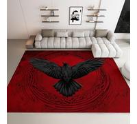 Area Rugs for Living Room 120x170cm, Fantasy Viking Style Animal Raven Area Rugs with Non-Slip Backing, Machine Washable, Indoor Low-Pile Soft Carpet for Dining Room, Home Office, Bedroom, Dark Red
