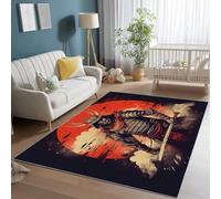 Area Rugs for Living Room 140 x 200 cm, Soft Modern Japanese Style Samurai Helmet Print Rugs, Washable Non-Slip Short Pile Red Black Carpet, for Living Room Bedroom Dining Room Office