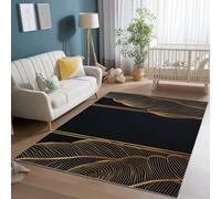 Area Rugs for Living Room 140 x 200 cm, Soft Modern Luxury Feathers Gold Lines Print Rugs, Washable Non-Slip Short Pile Black Gold Carpet, for Living Room Bedroom Dining Room Office