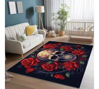 Area Rugs for Living Room 160 x 230 cm, Soft Modern Abstract Skull Roses Print Rugs, Washable Non-Slip Short Pile Red Black Carpet, for Living Room Bedroom Dining Room Office