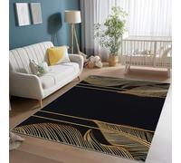 Area Rugs for Living Room 160 x 230 cm, Soft Modern Minimalist Luxurious Banana Leaf Print Rugs, Washable Non-Slip Short Pile Black Gold Carpet, for Living Room Bedroom Dining Room Office