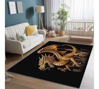 Area Rugs for Living Room 60 x 110 cm, Machine Washable Fantasy City Building Dragon Game Print Rugs with Non-Slip Backing, Soft Short Pile Carpet for Bedroom Dining Room Home Office, Gold Black