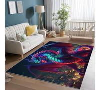 Area Rugs for Living Room 60 x 90 cm, Soft Modern Fantasy Dragon City Print Rugs, Washable Non-Slip Short Pile Blue Red Carpet, for Living Room Bedroom Dining Room Office