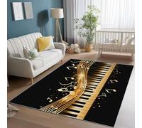 Area Rugs for Living Room 60 x 90 cm, Soft Modern Fantasy Piano Notes Print Rugs, Washable Non-Slip Short Pile Black Gold Carpet, for Living Room Bedroom Dining Room Office