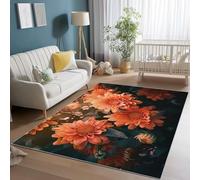 Area Rugs for Living Room 80 x 150 cm, Soft Modern Dreamy Daisies Leaves Print Rugs, Washable Non-Slip Short Pile Orange Green Carpet, for Living Room Bedroom Dining Room Office