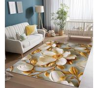 Area Rugs for Living Room 80 x 150 cm, Soft Modern Painting Magnolia Leaves Print Rugs, Washable Non-Slip Short Pile White Gold Carpet, for Living Room Bedroom Dining Room Office