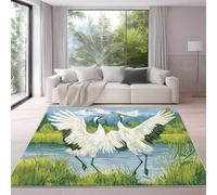 Area Rugs for Living Room, Bedroom, Hallway - 80 x 120 cm, Soft Microfiber Rug, Short Pile Carpet, Cozy, Non-Slip, Machine Washable Floor Mat, Green, Animal Dancing Crane