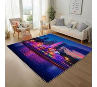 Area Rugs for Living Room City Buildings Night Scene Bedroom Rugs Soft Modern 80x150cm Washable Non Slip Rug Short Pile Floor Mats and Rug Neon Scenery Carpet for Dining Room Office