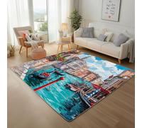 Area Rugs for Living Room Painted City Buildings River Bedroom Rugs Soft Modern 80x150cm Washable Non Slip Rug Short Pile Floor Mats and Rug City Scenery Carpet for Dining Room Office