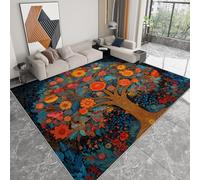 Area Rugs Hand-Drawn Tree Of Life 140 x 200 cm Anti-Slip Carpet, Black Low Pile Rug Non Shedding for Living Room Bedroom Hallway, Easy to Clean Floormat