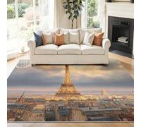 Area Rugs Living Room 120 x 180 cm Machine Washable Non-Slip Short Pile Rug Realism Eiffel Tower City Durable Faux Wool Carpet for Bedroom, Dining Room, Home Office Yellow