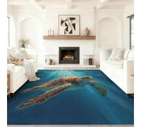 Area Rugs Living Room 160 x 230 cm Machine Washable Non-Slip Short Pile Rug Realism Sea Turtles Deep Sea Durable Faux Wool Carpet for Bedroom, Dining Room, Home Office Blue