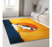 Area Rugs Living Room 160 x 230 cm, Ocean Waves Sun Animals Shark Printing Carpet, Retro Cartoon Short Pile Soft Rug for Bedroom, Machine Washable Carpets Living Room Hallway Floor Kitchen