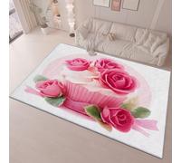 Area Rugs Living Room 80 x 150 cm Romantic Roses Carpet Short Pile Rugs, Machine Washable Anti Slip Thin Carpets, Easy Care for Boys Bedroom Dining Room Pink