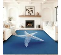 Area Rugs Living Room 90 x 150 cm Machine Washable Non-Slip Short Pile Rug Fresh Starfish Ocean Waves Durable Faux Wool Carpet for Bedroom, Dining Room, Home Office White