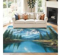 Area Rugs Living Room 90 x 150 cm Machine Washable Non-Slip Short Pile Rug Impressionism Snow-Capped Mountains Rivers Durable Faux Wool Carpet for Bedroom, Dining Room, Home Office Blue
