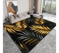 Area Rugs Living Room Carpet 140 x 200 cm Seamless Palm Leaf Pattern Print Soft Short Pile Rugs Anti Slip Non-Slip Carpets Washable Floor Mats for Bedroom Kids Room Floor Indoor Decor, Black
