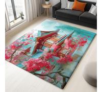 Area Rugs Living Room Oriental Washable For Bathroom Bedroom - Non-Slip Stain Resistant Carpet Flowers Traditional Chinese Cherry Blossoms Ancient Architecture Pile Area Rugs 140 X 200 Cm Multicolor
