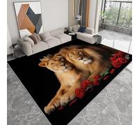 Area Rugs Living Room, Printed Rugs for Child Bedroom 80 x 120cm -Non Shedding Animal Lion Rose Flowers Wild Beauty Floor Carpet Cozy Soft Nonslip Geometric Mat Rug -Black