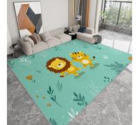 Area Rugs Living Room, Printed Rugs for Child Bedroom 80 x 150cm -Non Shedding Forest Adventure Cartoon Lion Tiger Floor Carpet Cozy Soft Nonslip Geometric Mat RugBlue-Green