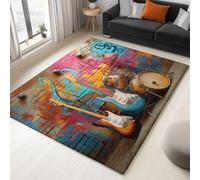 Area Rugs Machine Washable Carpets, with TPR Non Slip Backing Foldable Floor Mat, 4x5.6 Soft Short Pile, Electric Guitar Drum Kit Brick Wall Graffiti Music, Rug for Girls Bedroom, Kids Playroom Decor