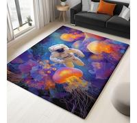 Area Rugs Machine Washable Carpets, with TPR Non Slip Backing Foldable Floor Mat, 5x7.5 Soft Short Pile, Astronaut Space Travel Jellyfish Science Fiction, Rug for Girls Bedroom, Kids Playroom Decor