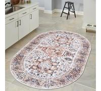 Area Rugs Oval Rug Soft Short Pile Living Room Carpets Anti Slip Floor Mat Large for Bedroom Retro traditional geometric floral pattern, coral pink, 140 x 140cm