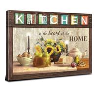 AREBOLO Framed Kitchen Wall Art Rustic Kitchen Wall Decor Vintage Inspirational Signs Picture Canvas Prints for Dining Room Decoration, Kitchen is the Heart of the Home Quotes Painting Artwork 12x16”