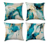 AREBOLO Teal Marble Cushion Covers 45 x 45 cm Pack of 4 Double Sided Turquoise Gold Abstract Modern Decorative Pillowcases Throw Pillow Covers for Living Room Sofa Patio Pillow Cases Home Decor