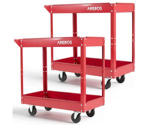 AREBOS 2x Tool Trolley 2 Level Mobile Workshop Trolley Cart Storage Shelf on Wheels - Red