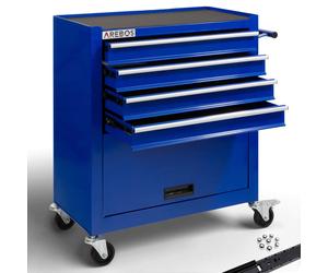 AREBOS 4-Drawer +Compartment Tool Cabinet Garage Tool Chest with Wheels Workshop Tool Storage Lockable Blue