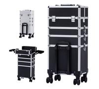 AREBOS 4-in-1 Cosmetic Case | 4 Compartments & 1 Drawer | Telescopic | 8 Locks | 4X 360 Wheels | Velvet Lining | Trolley | Make-Up Case | Black