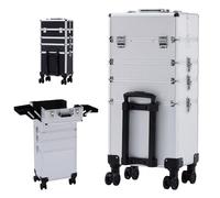 Arebos 4 in 1 Cosmetic Case | 4 Compartments & 1 Drawer | Telescopic and Carrying Handle | 8 Locks | 4X 360° Wheels | Velvet Lining | Trolley | Make-Up Case