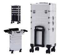 Arebos 4 in 1 Cosmetic Case | 4 Compartments & 1 Drawer | Telescopic and Carrying Handle | 8 Locks | 4X 360° Wheels | Velvet Lining | Trolley | Make-Up Case