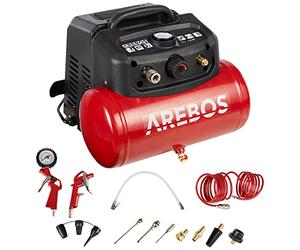 Arebos 6L Air Compressor 1200W | 180 L/min Suction Power | 8 Bar Compressor Including 13-Piece Compressed Air Tool Set | Oil-Free & Quiet | Automatic Shut-Off | Compact, Mobile & Robust | Includes 2 m
