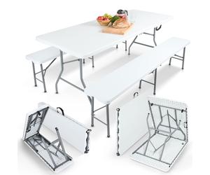 AREBOS beer bench set 3-piece set table + 2 x bench | marquee set for indoors - outdoors | beer table set | foldable & with carrying handle | white