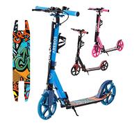Arebos city scooter kick scooter height-adjustable | foldable | incl. carrying strap | LED wheels | hand pedal brake | front-rear suspension | children & adults | 100kg load capacity | Blue