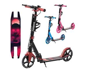 Arebos city scooter kick scooter height-adjustable | foldable | in arrying strap | LED wheels | hand pedal brake | front-rear suspension | children & adults | 100kg load capacity | Red