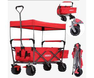 AREBOS Foldable handcart with roof | tool trolley incl. 2 mesh pockets & one outer pocket | front wheel brake | up to 100 kg load capacity | red