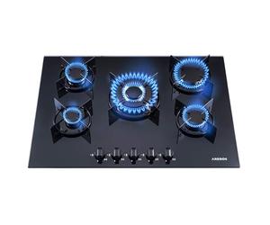 Arebos gas hob 70 cm 5 burners | Tempered glass | Built-in with cast iron pan supports | Compatible with natural gas & propane | Integrated safety ignition