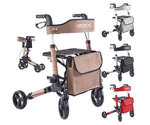 Arebos Lightweight Rollator | Flight and Travel Scooter Aluminium | 6 Height Adjustable | Comfortable Seat | Stick Holder | Removable Shopping Bag | Foldable | Ready to Use (Brown)