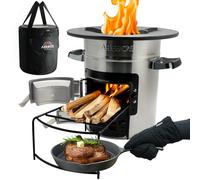 Arebos Rocket Stove incl. Cast Iron Grill Pan with Carrying Bag & Gloves |Dutch Oven BBQ | Portable Camping Cooker Wood Stove | Outdoor Kitchen|Silver